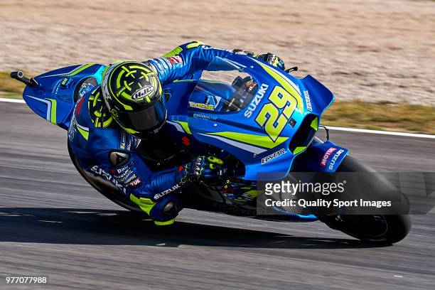 Andrea Iannone of Italy and Team Suzuki ECSTAR rides during MotoGP free practice at Circuit de Catalunya on June 17, 2018 in Montmelo, Spain.