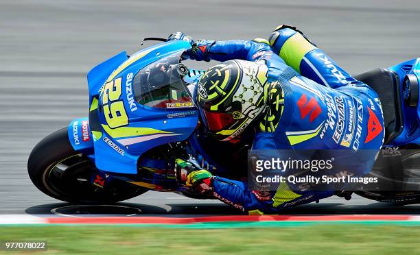 Andrea Iannone of Italy and Team Suzuki Ecstar rounds the bend during the MotoGP of Catalunya at Circuit de Catalunya on June 17, 2018 in Montmelo,...
