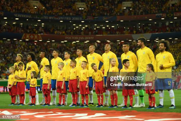 Brazil team line up for national anthem prior to the 2018 FIFA World Cup Russia group E match between Brazil and Switzerland at Rostov Arena on June...