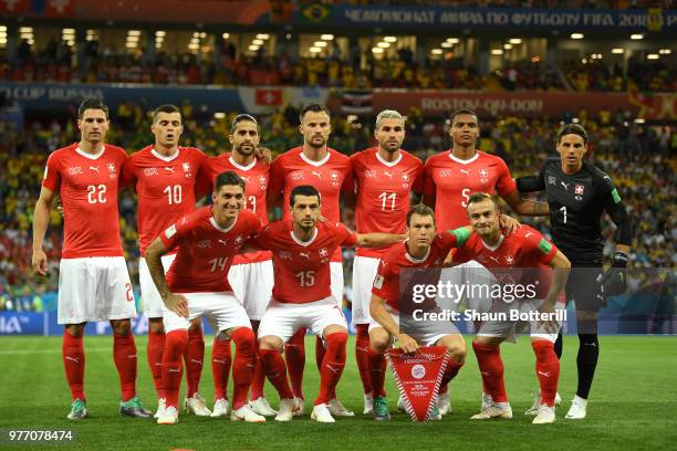 The Switzerland team pose for a team photo prior to the 2018 FIFA World Cup Russia group E match between Brazil and Switzerland at Rostov Arena on...
