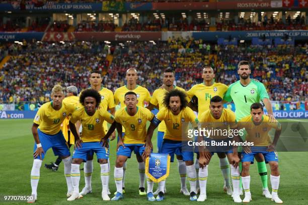 Brazil team lines up prior to the 2018 FIFA World Cup Russia group E match between Brazil and Switzerland at Rostov Arena on June 17, 2018 in...