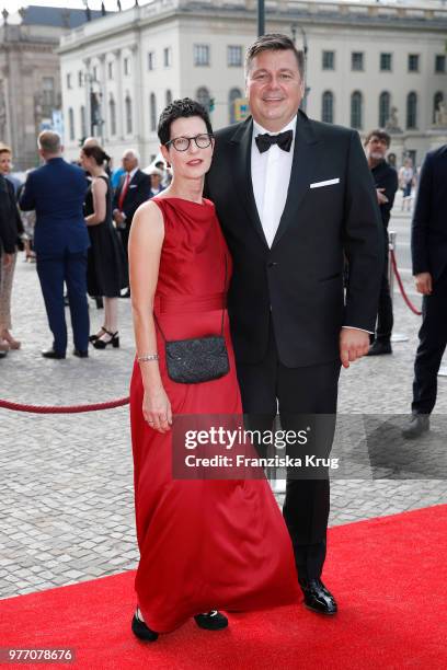 Senator for Interior of Berlin Andreas Geisel and his wife Anke attend the 'Staatsoper fuer alle' open air concert at Bebelplatz on June 17, 2018 in...