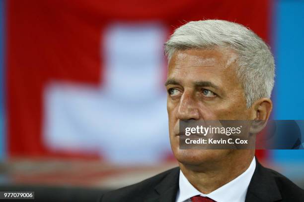 Vladimir Petkovic, Head coach of Switzerland looks on prior to the 2018 FIFA World Cup Russia group E match between Brazil and Switzerland at Rostov...