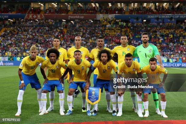 Brazil team lines up prior to the 2018 FIFA World Cup Russia group E match between Brazil and Switzerland at Rostov Arena on June 17, 2018 in...