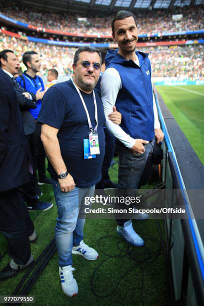 Zlatan Ibrahimovic poses with his agent, Mino Raiola, ahead of the 2018 FIFA World Cup Russia Group F match between Germany and Mexico at the...