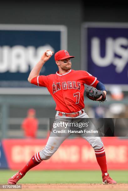 Zack Cozart of the Los Angeles Angels of Anaheim makes a play at shortstop against the Minnesota Twins during the game on June 9, 2018 at Target...