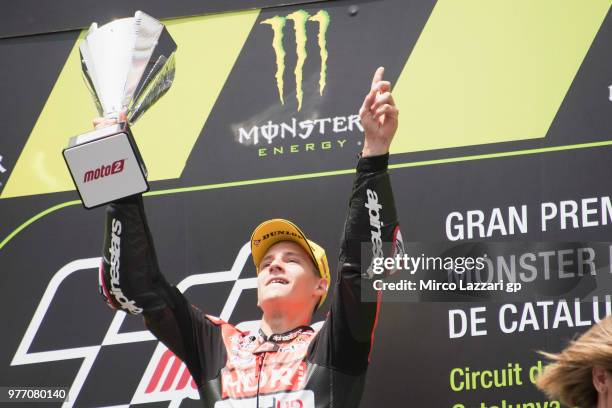 Fabio Quartararo of France and Beta Tools - Speed Up Racing celebrates the victory on the podium at the end of the Moto2 race during the MotoGp of...