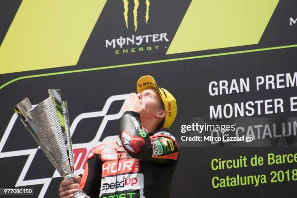 Fabio Quartararo of France and Beta Tools - Speed Up Racing celebrates the victory on the podium at the end of the Moto2 race during the MotoGp of...