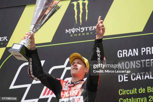 Fabio Quartararo of France and Beta Tools - Speed Up Racing celebrates the victory on the podium at the end of the Moto2 race during the MotoGp of...