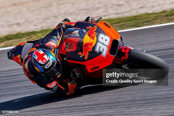 Bradley Smith of Great Britain and Red Bull KTM Factory Racing rides during MotoGP free practice at Circuit de Catalunya on June 17, 2018 in...