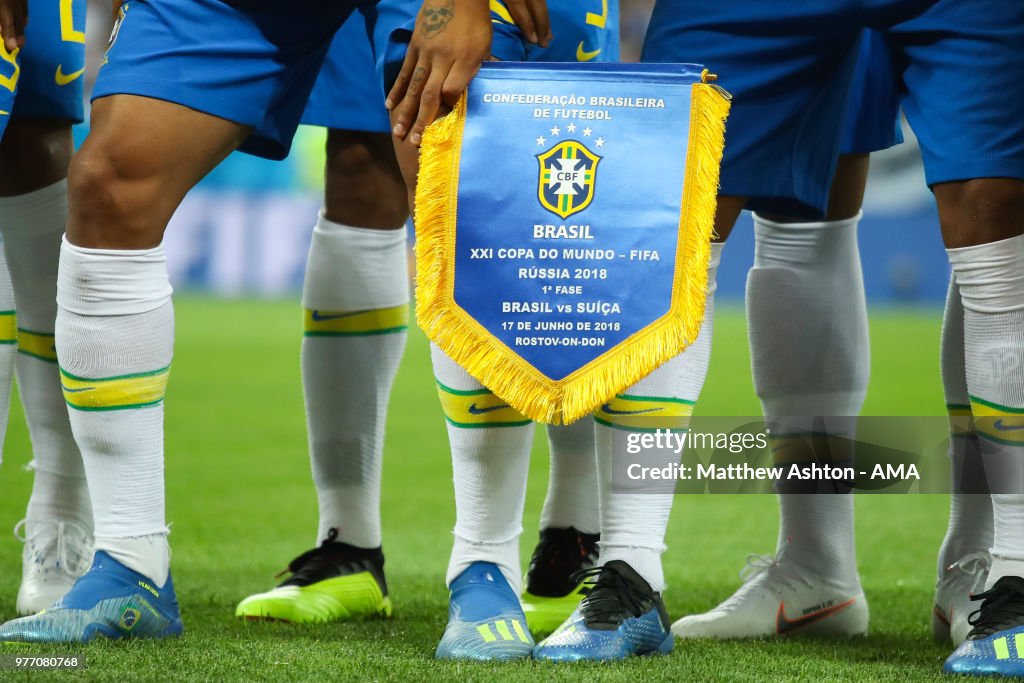 Fifa Brazil Math Detail View of the Brazil match pennant prior to the 2018 FIFA World ...
