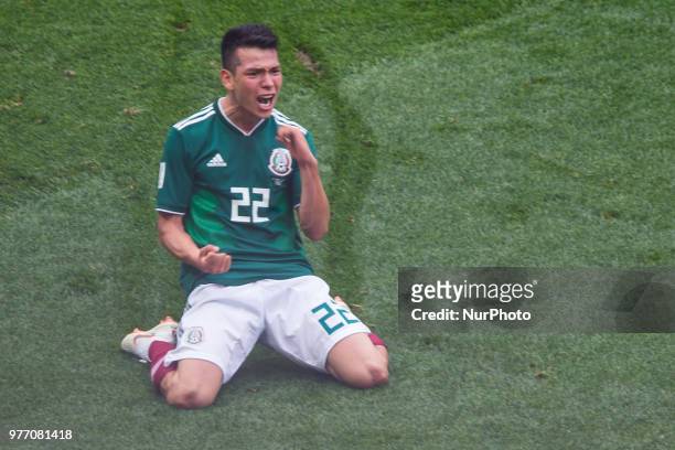 Hirving Lozano of Mexico celebrates a goal during the Russia 2018 World Cup Group F football match between Germany and Mexico at the Luzhniki Stadium...