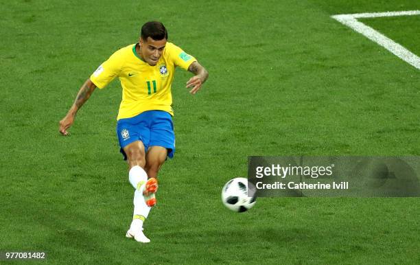 Philippe Coutinho of Brazil scores his team's first goal during the 2018 FIFA World Cup Russia group E match between Brazil and Switzerland at Rostov...