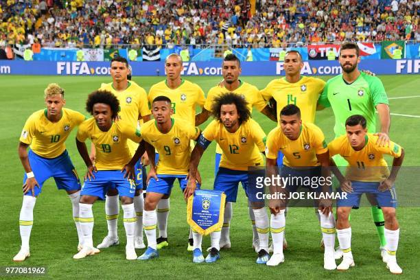 Brazil's defender Thiago Silva, defender Miranda, midfielder Paulinho, defender Danilo, goalkeeper Alisson , forward Neymar, forward Willian, forward...