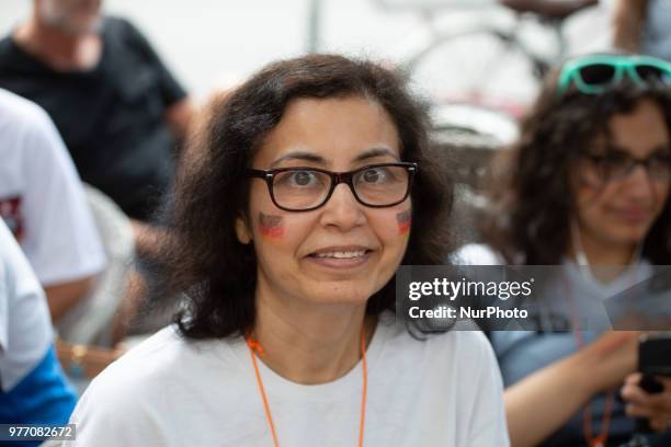 Fan with the German flag on both cheeks. Some impressions of the fans watching the Germany vs Mexico match of the FIFA world cup 2018 in Russia,...