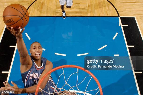 Boris Diaw of the Charlotte Bobcats takes the ball to the basket against the Orlando Magic during the game on March 14, 2010 at Amway Arena in...