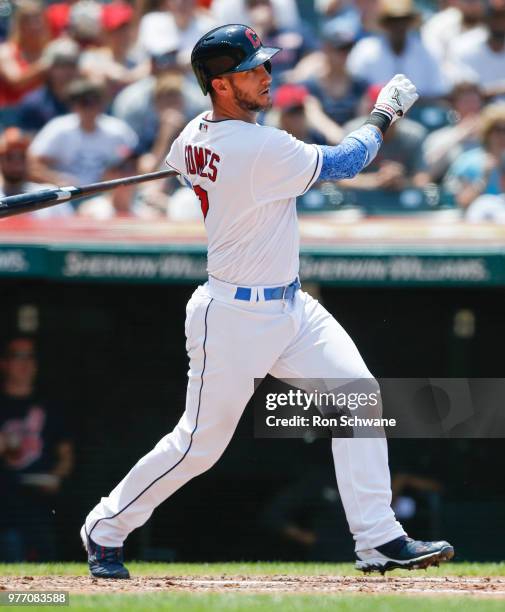 Yan Gomes of the Cleveland Indians his a three run double off starting pitcher Jake Odorizzi of the Minnesota Twins during the third inning at...