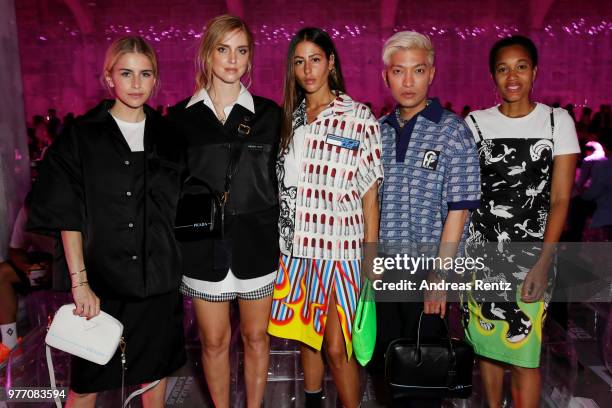 Caroline Daur, Chiara Ferragni, Gilda Ambrosio, Bryan Boy and Tamu Mcpherson attend Prada Men's Spring/Summer 2019 Fashion Show on June 17, 2018 in...