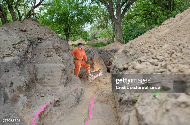 April 2018, Germany, Klessin: Andreas Holz of the Verein zur Bergung Gefallener in Osteuropa e.V. Stands in an uncovered German trench from the...