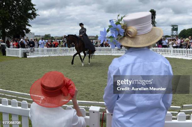 Women with hats watch a horse show during the Prix de Diane Longines 2018 on June 17, 2018 in Chantilly, France.