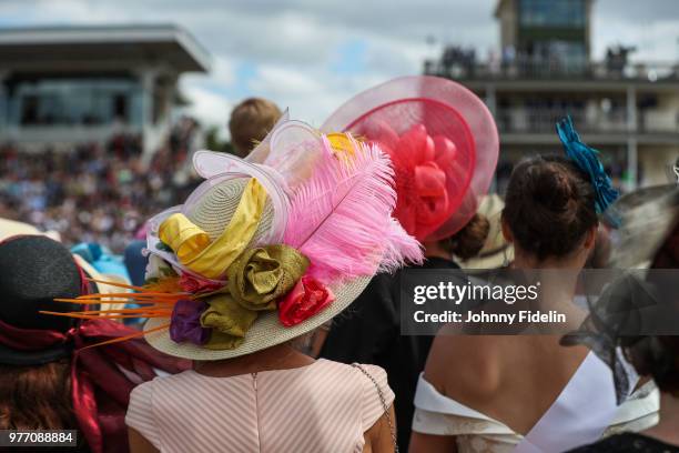 Extravagant Hats are the ordre of the day during the Grand Prix de Diane 2018 at Hippodrome de Chantilly on June 17, 2018 in Chantilly, France.