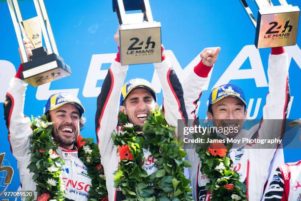 Race winners - the Toyota Gazoo Racing TS050 Hybrid of Fernando Alonso of Spain, Sebastien Buemi of Switzerland, and Kazuki Nakajima of Japan,...