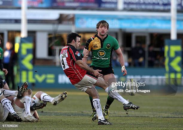 Neil de Kock kicks the ball upfield during the LV=Anglo Welsh Cup Semi Final between Northampton Saints and Saracens at Franklin's Gardens on March...