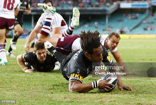 Lote Tuqiri of the Tigers scores a try during the round one NRL match between the Wests Tigers and the Manly Warringah Sea Eagles at the Sydney...