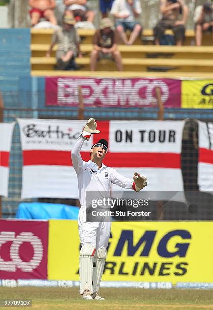 England players Matt Prior gestures to the dressing room for a drink as the temperatures soar during day three of the 1st Test match between...