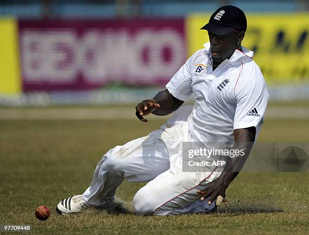 England cricketer Michael Carberry tries to catch a ball during the fourth day of the first Test match between Bangladesh and England at the Zohur...