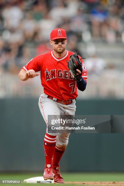 Zack Cozart of the Los Angeles Angels of Anaheim makes a play at shortstop against the Minnesota Twins during the game on June 9, 2018 at Target...