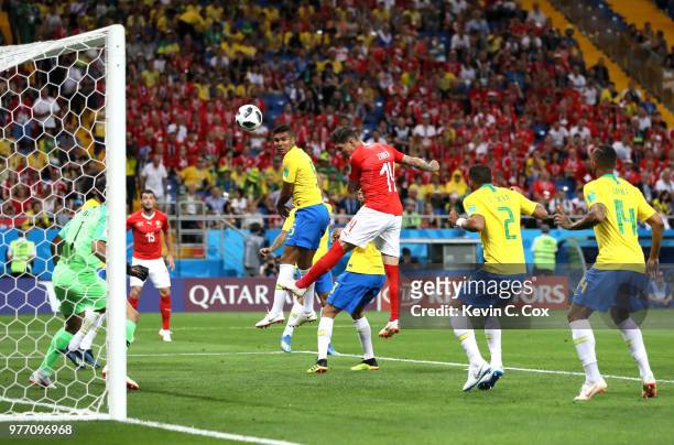 Steven Zuber of Switzerland scores his sides first goal to make the score 1-1 during the 2018 FIFA World Cup Russia group E match between Brazil and...