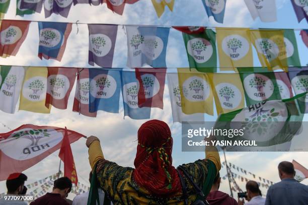Supporter of imprisoned Selahattin Demirtas, presidential candidate of the pro-Kurdish People's Democratic Party , waves party flags during a...