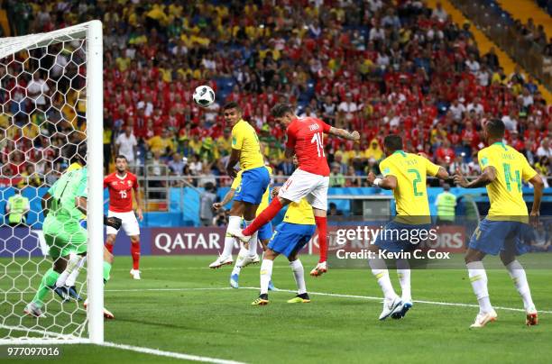 Steven Zuber of Switzerland scores his team's first goal during the 2018 FIFA World Cup Russia group E match between Brazil and Switzerland at Rostov...