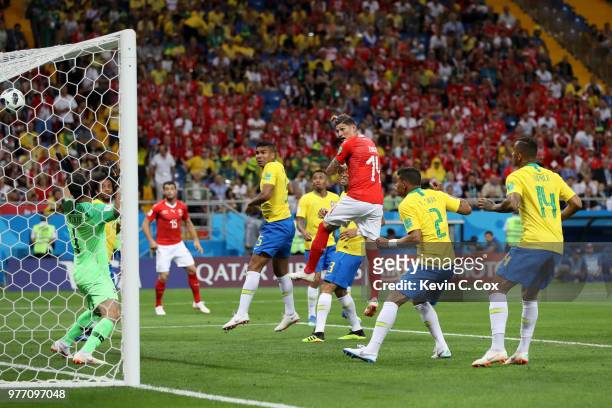 Steven Zuber of Switzerland scores his team's first goal during the 2018 FIFA World Cup Russia group E match between Brazil and Switzerland at Rostov...