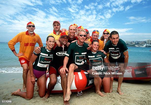 Eddie Irvine of Northern Ireland with JaguarF1 teammate Luciano Burti of Brazil and Friends during some IRB surf rescue boat races on Bondi Beach...