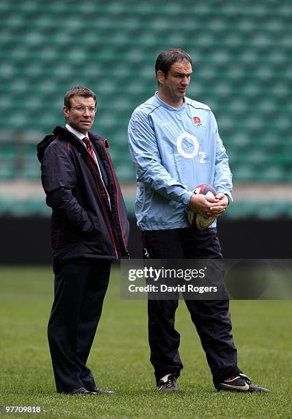 Martin Johnson the England Manager talks to Rob Andrew, the RFU director of elite rugby during the England training session held at Twickenham...