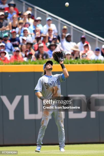 San Diego Padres Outfielder Travis Jankowski catches a pop fly to left field during the Father's Day MLB game between the Atlanta Braves and the San...