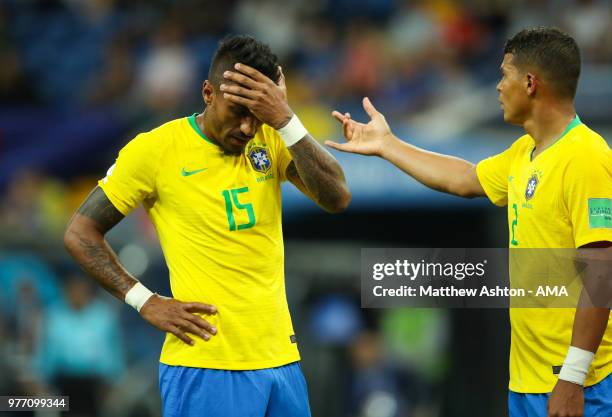 Paulinho of Brazil and Thiago Silva of Brazil react during the 2018 FIFA World Cup Russia group E match between Brazil and Switzerland at Rostov...