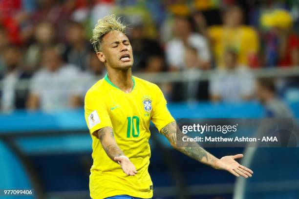 Neymar of Brazil reacts during the 2018 FIFA World Cup Russia group E match between Brazil and Switzerland at Rostov Arena on June 17, 2018 in...