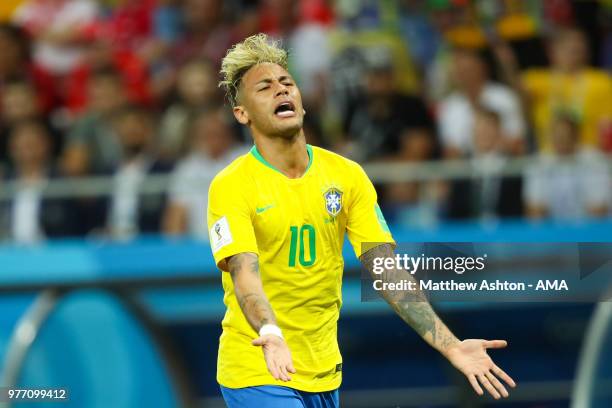 Neymar of Brazil reacts during the 2018 FIFA World Cup Russia group E match between Brazil and Switzerland at Rostov Arena on June 17, 2018 in...