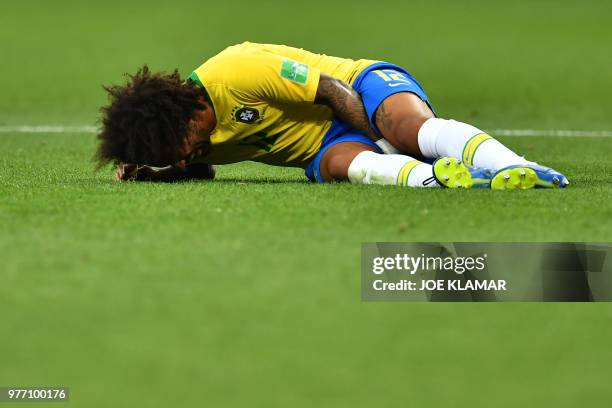 Brazil's defender Marcelo reacts during the Russia 2018 World Cup Group E football match between Brazil and Switzerland at the Rostov Arena in...