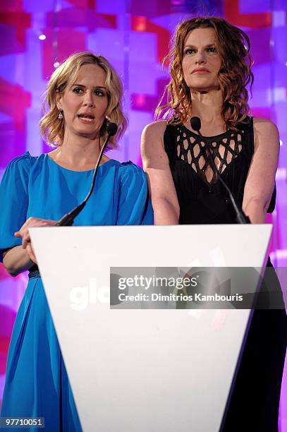Actresses Sarah Paulson and Sandra Bernhard spek onstage at the 21st Annual GLAAD Media Awards at The New York Marriott Marquis on March 13, 2010 in...