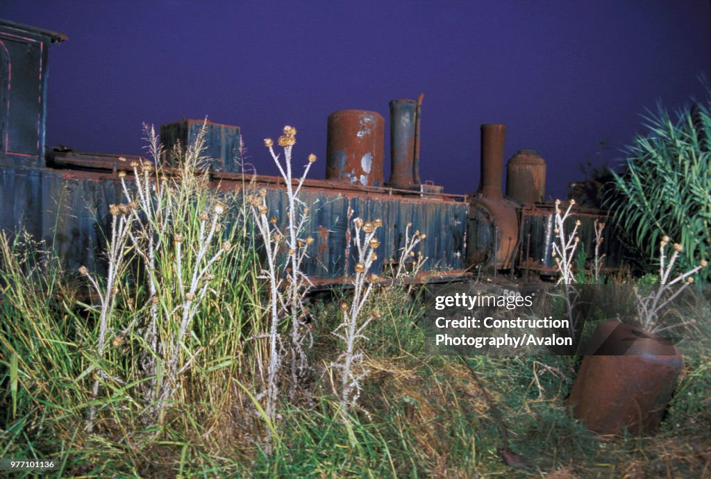 Rusted tones on the locomotive dump at Vartholomio on the Greek Peloponnese. The two Z Class 2-6-0S are No.7504 left SA Graffenstaden 1890 and right No.7509 from the same builder in 1899. Sunday 15 August 1982.