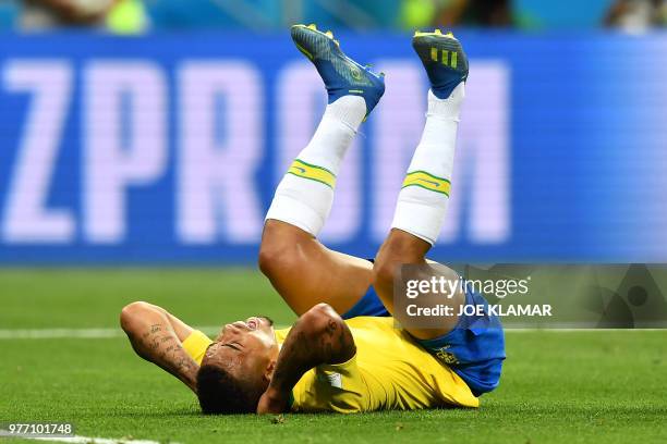 Brazil's forward Gabriel Jesus reacts during the Russia 2018 World Cup Group E football match between Brazil and Switzerland at the Rostov Arena in...