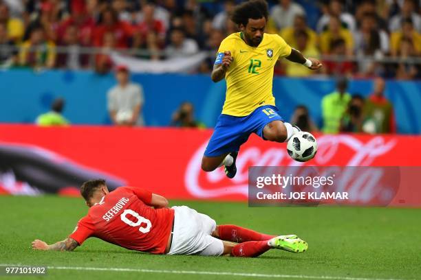 Brazil's defender Marcelo controls the ball during the Russia 2018 World Cup Group E football match between Brazil and Switzerland at the Rostov...