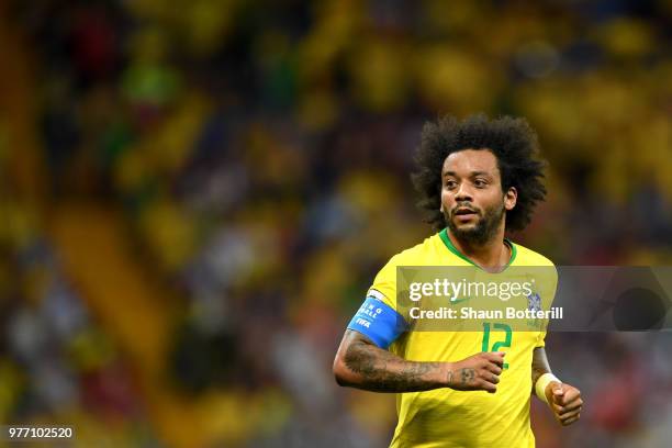 Marcelo of Brazil looks on during the 2018 FIFA World Cup Russia group E match between Brazil and Switzerland at Rostov Arena on June 17, 2018 in...