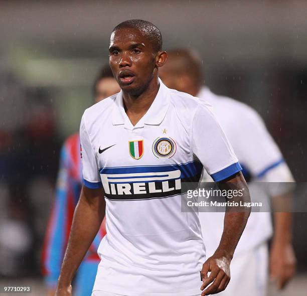Samuel Eto'o of FC Internazionale Milano is shown during the Serie A match between Catania Calcio and FC Internazionale Milano at Stadio Angelo...