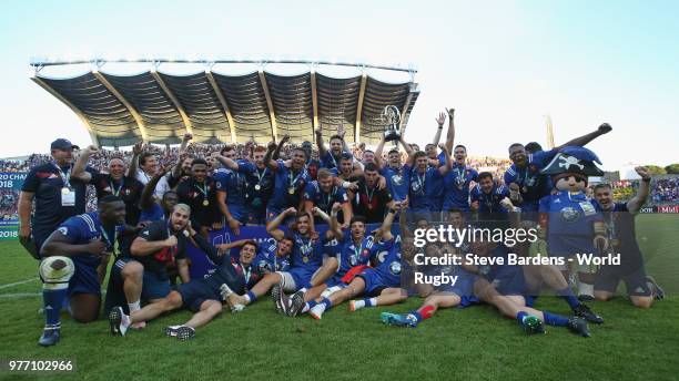 The France players celebrate with the Trophy after their victory over England in the World Rugby via Getty Images Under 20 Championship Final between...