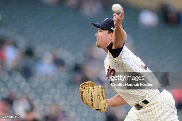 Zach Duke of the Minnesota Twins delivers a pitch against the Los Angeles Angels of Anaheim during the game on June 9, 2018 at Target Field in...